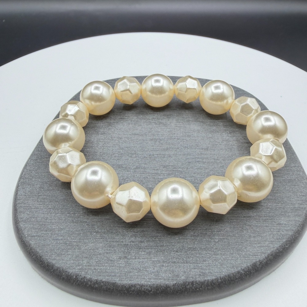 Faux Pearl Stretch Bracelet Cream Faceted Beads Chunky Statement Costume Jewelry